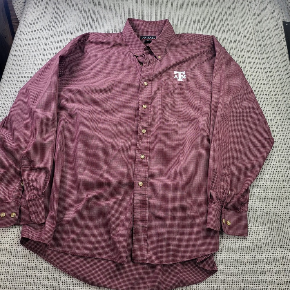 Antigua Button Down Mens XL Maroon Texas A&M Aggies Micro Check LS Shirt